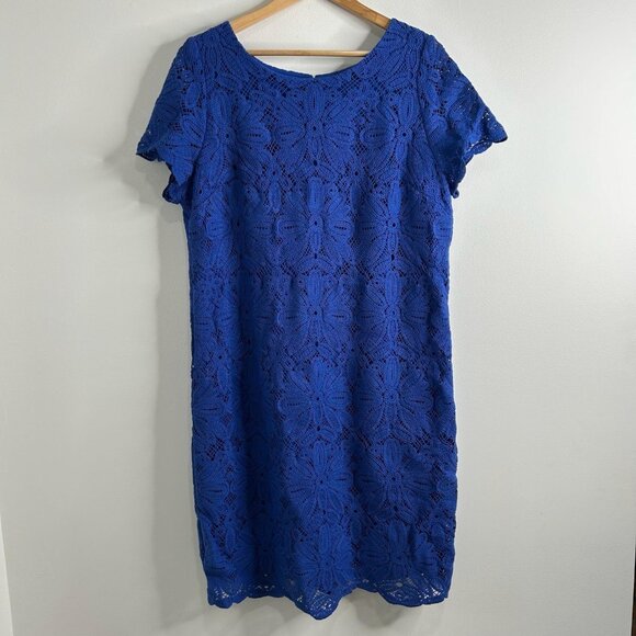 Talbots Dress Womens Size 18 Blue Crochet Lace Short Sleeve Lined Floral Shift - Picture 1 of 12